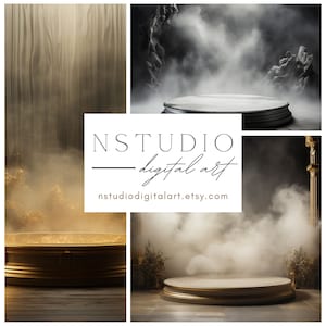 以下が含まれることがあります： 白い丸いプラットフォームが木製の床に置かれ、白とグレーの背景に煙と霧に囲まれた3つのデジタルアート製品のモックアップ。プラットフォームの周りに煙と霧が立ち込めています。画像には「NSTUDIO - digital art」というテキストと「nstudiodigitalart.etsy.com」というウェブサイトが表示されています。