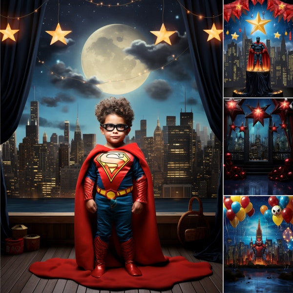10 Superhero Backdrops For Kids and 1 Gift | Boys Birthday Party Photoshoot | City Photo Props | Photography Idea |Studio Digital Background