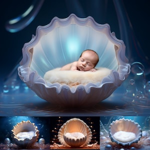 6 Pearl Clam pasgeboren foto digitale achtergronden: baby eerste fotoshoot oceaan rekwisieten (digitale download)