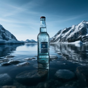 May include: A blue glass bottle of water with a white label that says "Schweppes" on it. The bottle is sitting on a rock in a frozen lake with snow-covered mountains in the background.