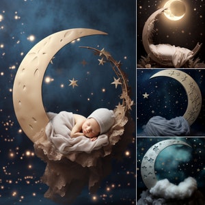 10 Babymoon-achtergronden en 1 cadeau | Newborn fotoshoot | Maan en sterren foto rekwisieten | Magische foto-overlays | Studio Digitale Achtergrond