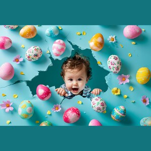 Könnte beinhalten: Ein Baby in einem blauen Shirt schaut durch ein Loch in einem blauen Hintergrund, umgeben von bunten Ostereiern mit Blumenmustern.