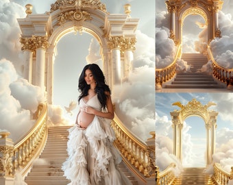 3 Maternity Portrait Photography Digital Backdrops Golden Stairways to Heaven, Pregnancy Photo Backgrounds