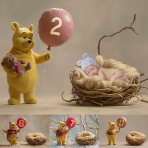 12 fondos digitales para los primeros doce meses del bebé, hitos del primer año del recién nacido, accesorios para fotografías de osito de peluche y nido para bebé, fotografías conmovedoras