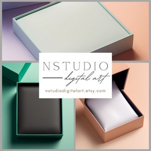 以下が含まれることがあります： 異なる色の内装を持つ3つの開いた箱。箱は薄いピンク、薄いパープル、薄いグリーンの背景の上に置かれています。一番上の箱は薄いグリーンで、白い内装です。真ん中の箱はグリーンで、黒い内装です。一番下の箱は薄いブラウンで、白い内装です。画像の中央に白い長方形に「NSTUDIO - digital art」と「nstudiodigitalart.etsy.com」のテキストが印刷されています。