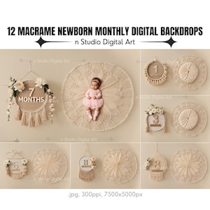 12 premiers 12 mois pour nouveau-né décors numériques floraux en macramé, arrière-plans photographie nouveau-né chaque mois, accessoires photo numériques mensuels