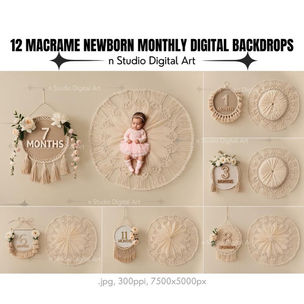 12 Newborn Monthly Floral Macrame Photography Digital Backdrops, First Year Milestone Photo Props
