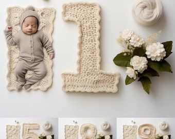 12 Baby eerste twaalf maanden fotografie achtergronden | Gebreide beige cijfers voor elke maand | Mijlpaal voor het eerste jaar van pasgeborenen | Digitale achtergronden