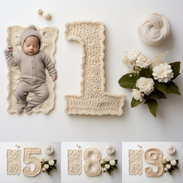 12 Baby First Twelve Months Photography Backdrops | Knitted Beige Numbers For Each Month | Newborn First Year Milestone |Digital Backgrounds