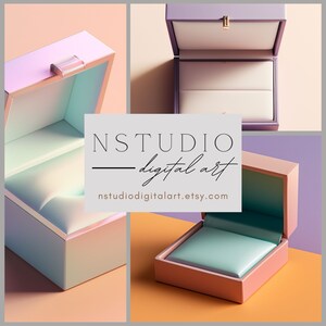 以下が含まれることがあります： 異なる色のインテリアを持つ3つの開いたリングボックス。ボックスは薄いピンク、パープル、ピーチ色の素材で作られています。ボックスは薄いオレンジ色の背景の上にあります。テキスト「NSTUDIO - digital art」と「nstudiodigitalart.etsy.com」は灰色の長方形に表示されます。