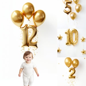12 fondos para fotografías de los primeros doce meses del bebé / Globos dorados con números / Hito del primer año del recién nacido / Fondos digitales