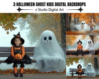 May include: Digital backdrops featuring Halloween themes. The image shows three scenes with children dressed in Halloween costumes, including a witch and a ghost. The backdrops have a fall foliage background. The text at the top reads "3 HALLOWEEN GHOST KIDS DIGITAL BACKDROPS".