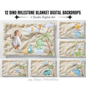 12 fondos de manta Dino Milestone mensuales digitales para recién nacidos, fondos de fotografía para recién nacidos primeros doce meses, accesorios fotográficos digitales Dino