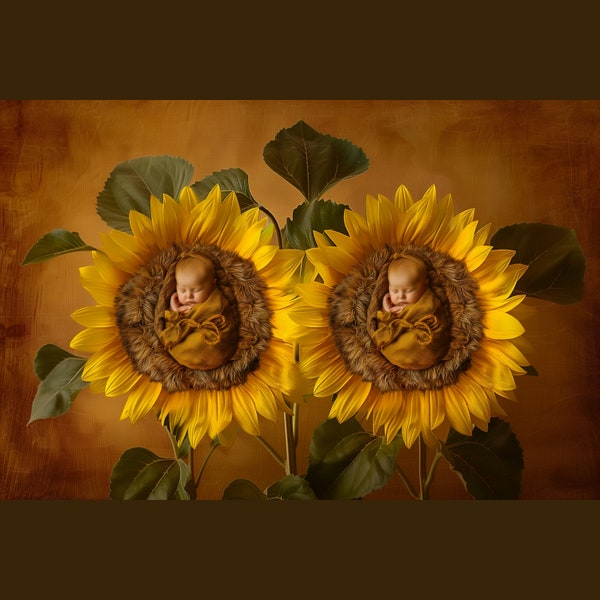 Newborn Baby Digital Backdrop Sunflower Nest, Twins Creative Photography Idea, Composite Digital Photography, Studio Quality Background