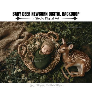 May include: A newborn baby wrapped in a green blanket sleeps in a wicker basket surrounded by green foliage. A fawn with brown and white spots lies next to the basket. The image is a digital backdrop for newborn photography.