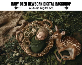 Newborn Photography Digital Backdrop Baby Deer & Forest Basket, First Month Photoshoot Forest Background