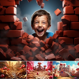 10 cenários infantis de videogame retrô | Ideia de fotografia para festa | Cogumelos mágicos, castelos, moedas e tijolos para adereços de fotos | Fundos digitais