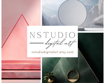 May include: A collage of digital art compositions featuring geometric shapes and minimalist designs. The images showcase a pink and red geometric design, a circular mirror against a mountain backdrop, and a green marble display with a gold ring and plant. The text "NSTUDIO digital art" is also present.