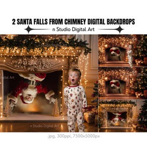 2 Santa Falls From Chimney Sfondi digitali di Natale, Sfondi divertenti per la fotografia delle vacanze per bambini, Camino, Accessori per foto digitali di Natale