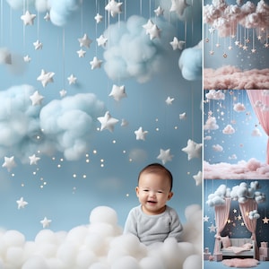 16 décors numériques Wonder World pour nouveau-nés : nuages et étoiles, arrière-plans de portraits de bébé (téléchargement numérique)