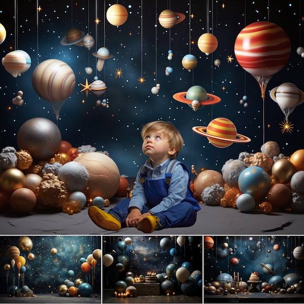 5 toiles de fond photographiques d'anniversaire dans l'espace et 1 cadeau | Séance photo sur le thème de l'espace | Idée de photographie de fête d'enfants | Arrière-plans de studio numérique