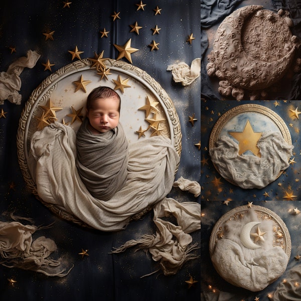 10 Newborn Magical Photography Backdrops and 1 Gift | Baby Photoshoot | Moon and Stars Photo Props | Boho Style Digital Backgrounds