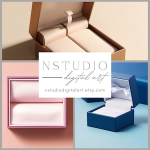 以下が含まれることがあります： 3つの異なるリングボックス。最初のボックスは白の内装で茶色で、開いています。2番目のボックスは白の内装でピンクで、閉じています。3番目のボックスは白の内装で青で、開いています。ボックスはすべて空です。