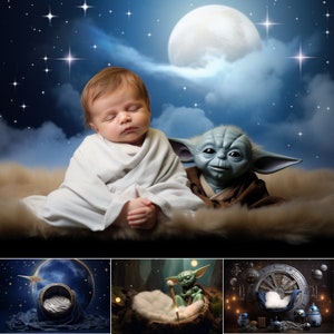 May include: A newborn baby sleeping in a white swaddle, next to a green and brown Yoda character, against a blue starry night sky backdrop.