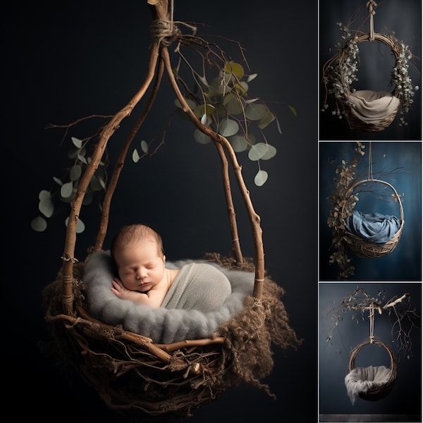 10 Bird Nests Backdrops in Blue for Newborn Baby | Baby Boy Creative Photography Idea | Bird Nests Photo Props | Studio Digital Backgrounds