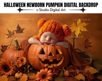 Newborn Halloween Pumpkin Digital Backdrop: Autumn Baby First Photoshoot Background (Digital Download)