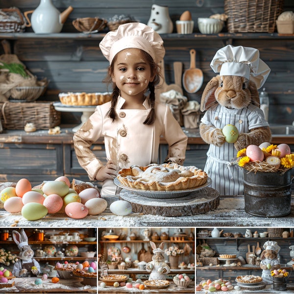 6 Pâques, toile de fond numérique, lapin, chef boulangerie, séance photo de Pâques pour enfants, photographie composite créative amusante, arrière-plans numériques pour studio