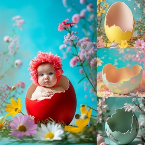 May include: A baby wearing a pink floral bonnet sits inside a large red eggshell, surrounded by flowers. Three decorative, cracked eggshells in yellow, mint green, and light blue are also shown, with floral accents, against a light blue background.