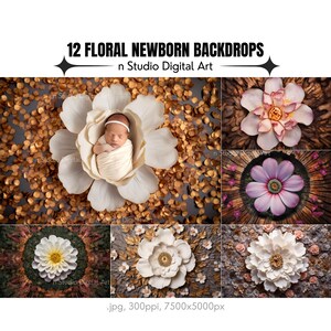 May include: Twelve digital backdrop images for newborn photography featuring floral designs. The backdrops include a variety of colors and styles, such as white, pink, purple, and gold. The backdrops are perfect for creating beautiful and unique newborn photos.