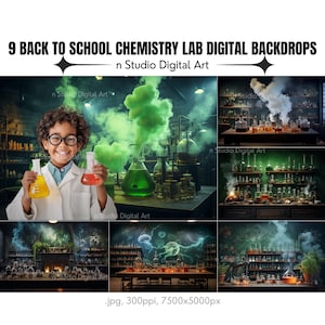 May include: Nine digital backdrops featuring a chemistry lab setting with various beakers, flasks, and other lab equipment. The backdrops are ideal for use in photography or digital art projects.