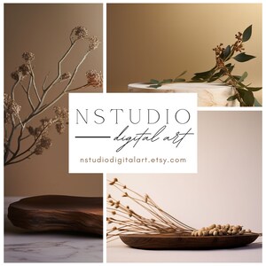 以下が含まれることがあります： 乾燥した花や枝を添えた、様々な木製のトレイやボウルを写したコラージュ。中央には「NSTUDIO - digital art」というテキストと「nstudiodigitalart.etsy.com」というウェブサイトが表示されています。