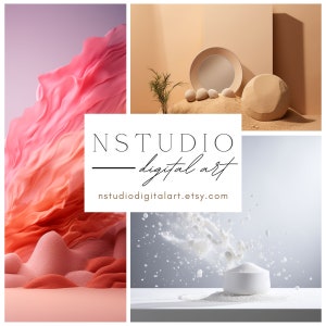 以下が含まれることがあります： 抽象的なデジタルアートを特徴とする4つの画像のコラージュ。最初の画像は、ピンクとオレンジのグラデーションで、流れるような波状のテクスチャが特徴です。2番目の画像は、白い粉末が爆発した白いボウルです。3番目の画像は、白いプレートに3つの白い卵と茶色のテクスチャのある球体が置かれています。4番目の画像は、白い背景に「NSTUDIO - digital art」というテキストと「nstudiodigitalart.etsy.com」というウェブサイトアドレスが表示されています。
