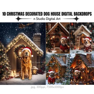 10 Dog Christmas Decorated Houses Digital Backdrops, Pet Christmas Photography Backgrounds, Dog Owner Photography Idea, Digital Photo Props
