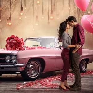 May include: A couple in love embraces in front of a pink vintage car decorated with pink roses. The car is surrounded by pink petals on the ground. The couple is standing in front of a backdrop of twinkling lights.