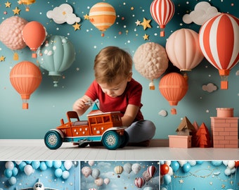 10 Kids Sky Backdrops and 1 Gift l Boys Party Photography Idea | Hot Air Balloons and Airplanes Photo Props | Digital Composite Backgrounds