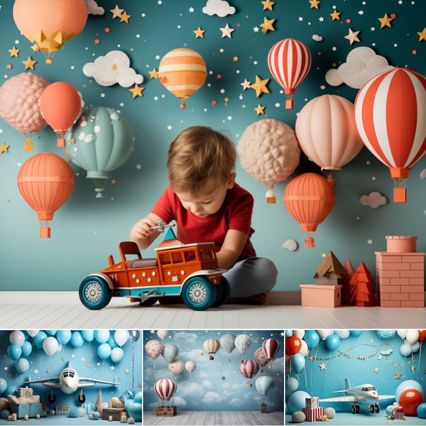 10 Kids Sky Backdrops and 1 Gift l Boys Party Photography Idea | Hot Air Balloons and Airplanes Photo Props | Digital Composite Backgrounds