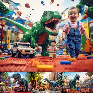 May include: A green and gray plastic dinosaur toy with a large mouth and sharp teeth. A small child in a blue and red striped shirt and blue overalls is walking in front of the dinosaur. The child is smiling and looking at the camera. The dinosaur is standing on a red and gray Lego brick floor.