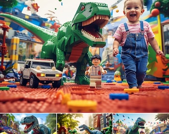 10 Kids Backdrops Building Blocks and Dinosaurs | KIds Party Photography Idea | Building Blocks and Jurassic Dino Props |Digital Backgrounds