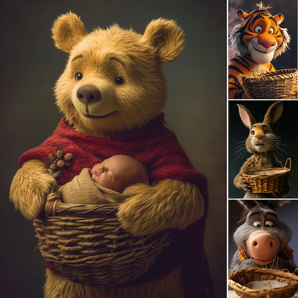 10 Baby Backdrops Cartoon Animals with Basket | Newborn Photoshoot | Tiger, Rabbit, Bear, Donkey Photo Props | Studio Digital Backgrounds