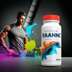 Op de afbeelding: Een witte fles met een rode dop en een abstract ontwerp in blauw, oranje en geel. De fles is gelabeld met "RAANNNC" en "GRMNICE VLL" in zwarte tekst. De fles staat op een reflecterend oppervlak.