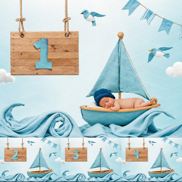 12 Baby Boy First Twelve Months Digital Photography Backdrops, Blue Boat and Fabric Sea Photo Props,Newborn First Year Milestone Backgrounds