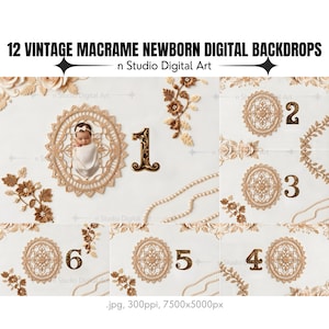 12 Newborn Monthly Milestone Backdrop: Vintage Macrame Floral (Digital Download)