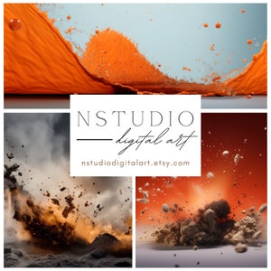 以下が含まれることがあります： 抽象的なデジタルアートを特徴とする3つの画像のコラージュ。 上部の画像はオレンジ色の液体のしぶきを示しています。 左下の画像は茶色とオレンジ色の爆発を示しています。 右下の画像は赤い背景に対して灰色と茶色の爆発を示しています。 テキスト「NSTUDIO - digital art」と「nstudiodigitalart.etsy.com」はコラージュの中央に表示されます。