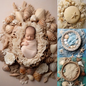 14 Newborn Seashell Digital Photography Backdrops, Sea Themed Baby Photoshoot Backgrounds (Digital Download)