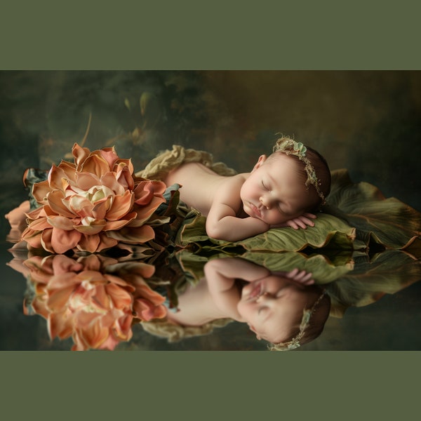 Newborn Baby Digital Photography Backdrop, Fabric Swamp Flower with Reflection, Toddler Boy or Girl Photography, Studio Quality Background