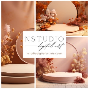 以下が含まれることがあります： ピンクの背景に、ドライフラワーが飾られた3つの丸いプラットフォームがあるデジタルアートのモックアップです。プラットフォームは、製品やブランドを展示するのに最適です。画像には、「NSTUDIO - digital art」と「nstudiodigitalart.etsy.com」のテキストが表示されています。
